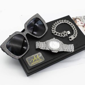 MEVIN FULL SKY STEEL RHINESTONE PAVED CRYSTAL UNISEX 3IN1 GIFT SET (WATCH, BRACELET & FASHION DARK EYEGLASS - SILVER