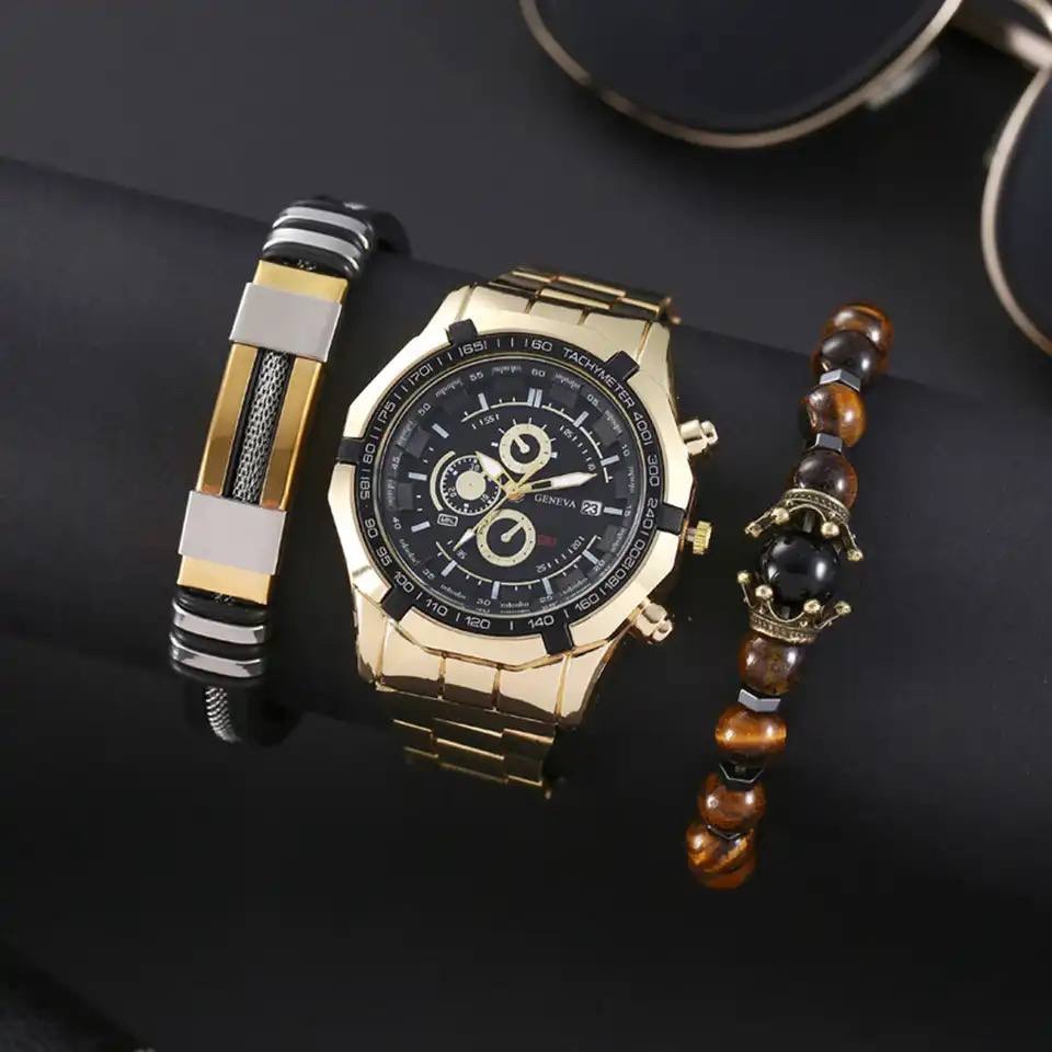 GENEVA LUXURY QUARTZ FADELESS STEEL 3PCS WRIST WATCH SET WITH BOX – WATCH, LEATHER & BEADED BRACELET