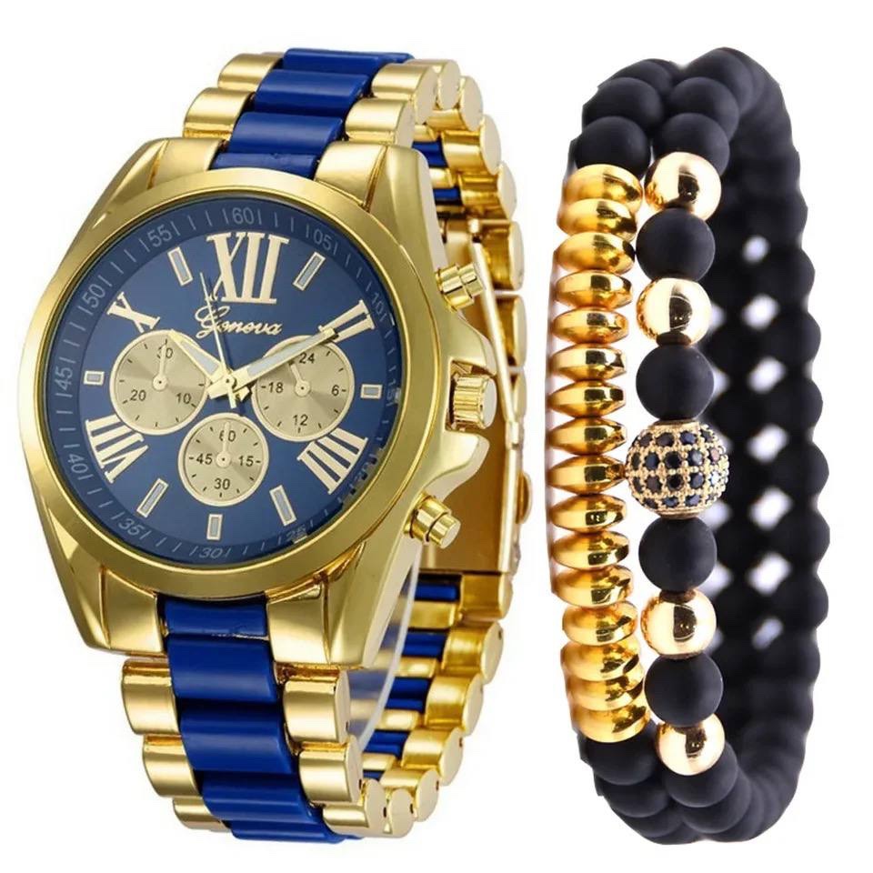 GENEVA MEN’S LUXURY FASHION THREE-EYES STEEL GOLD BLENDED WRISTWATCH SET – WATCH & DOUBLE BRACELET