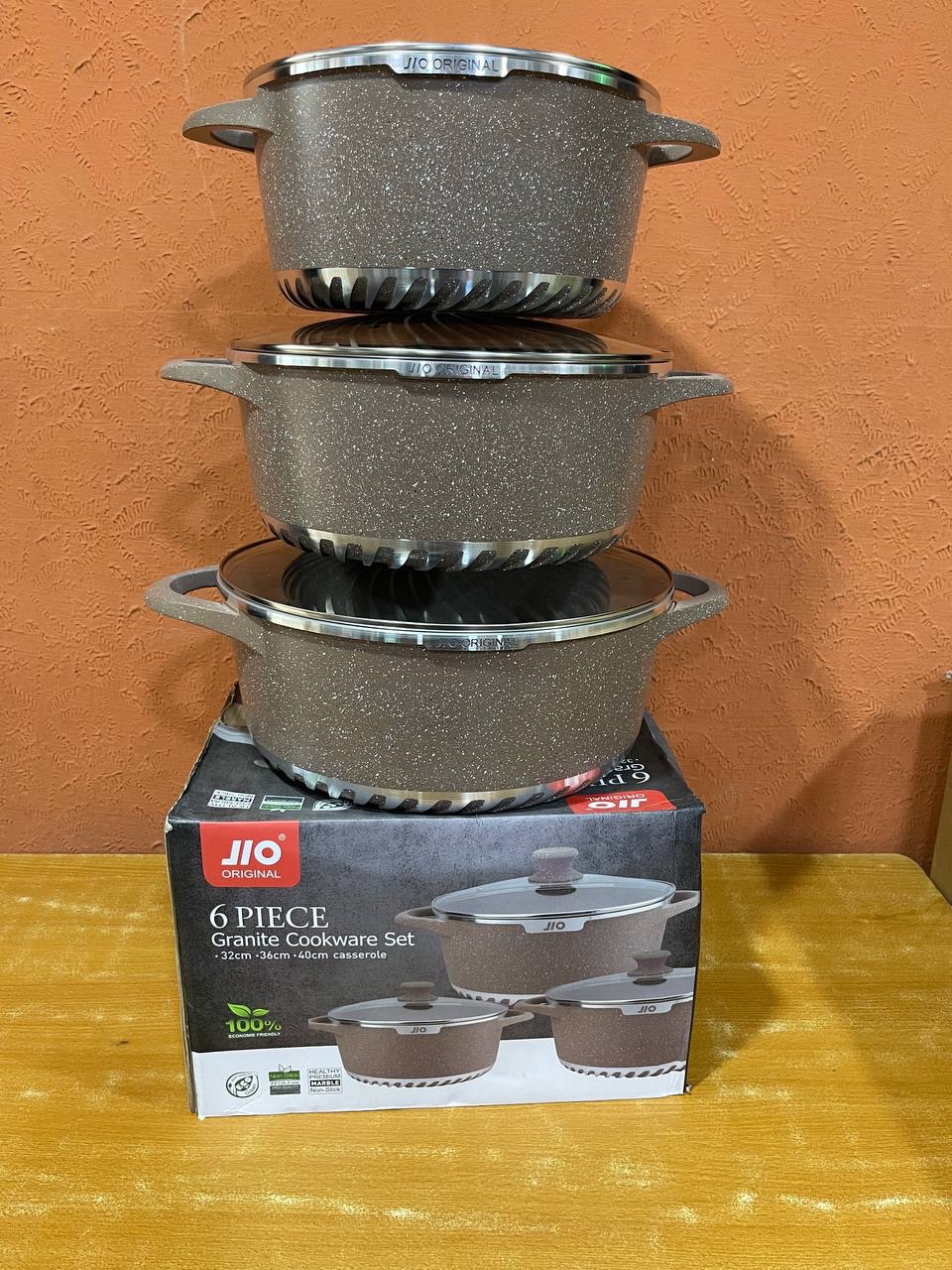 ORIGINAL JIO 6PCS PREMIUM MARBLE NON-STICK GRANITE COOKWARE/POT SET (SIZES: • 32CM • 36CM • 40CM)