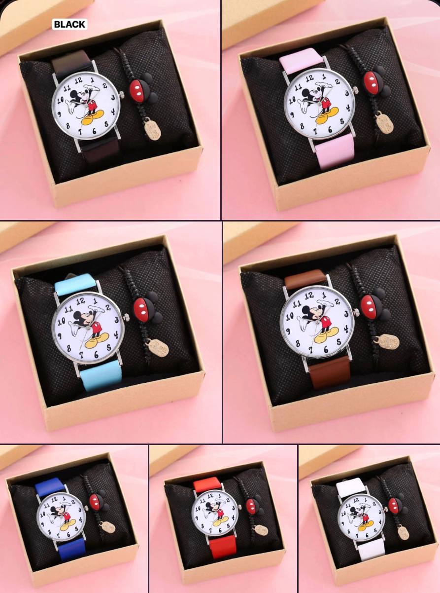 EXOTIC NEW DISNEY UNISEX KIDS&TEENS MICKEY MOUSE CARTOON QUARTZ WATCH SET (WATCH + DRAWSTRING BRACELET + PACKAGING BOX)