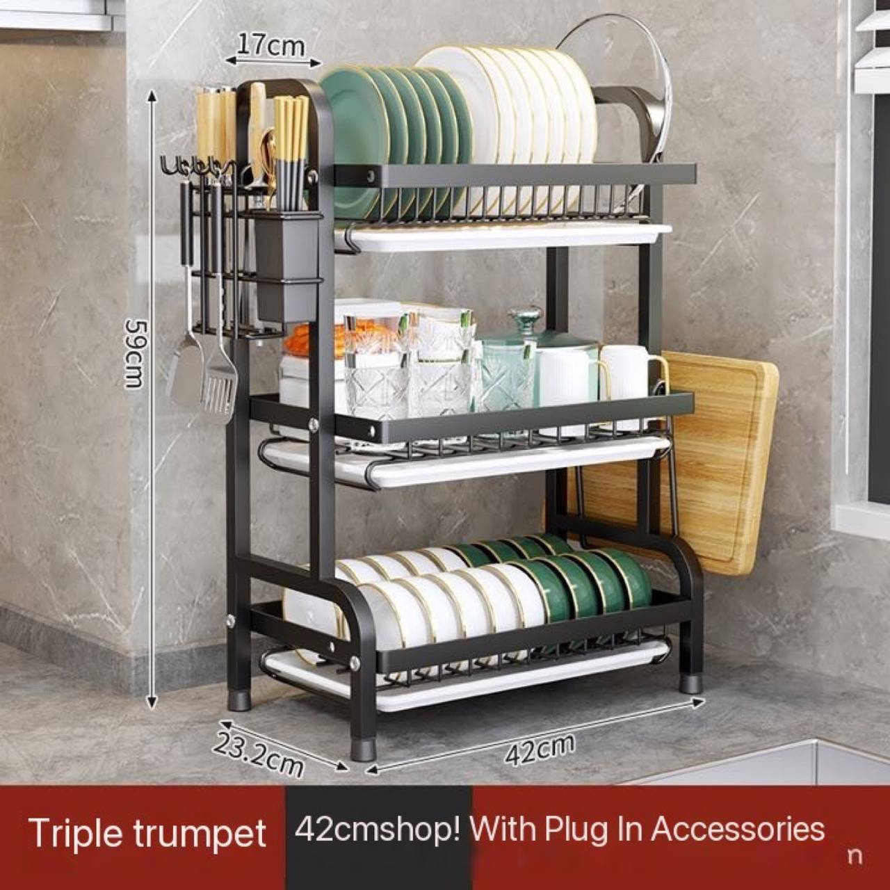 QUALITY STAINLESS STEEL 3 STEP DISH RACK WITH CUP HOLDER,CHOPPING BOARD HOLDER&KNIFE HOLDER