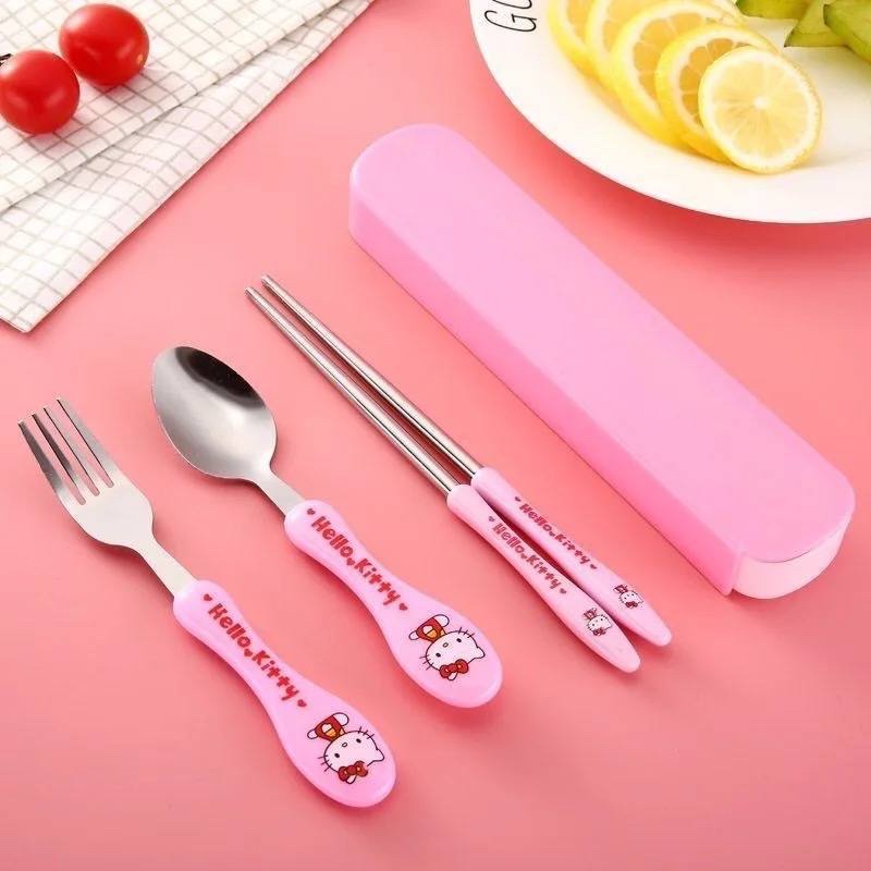 CLASSIC 4PCS CUTE CARTOON STAINLESS STEEL KIDDIES CUTLERY SET (SPOON, FORK & 2 CHOPSTICKS)