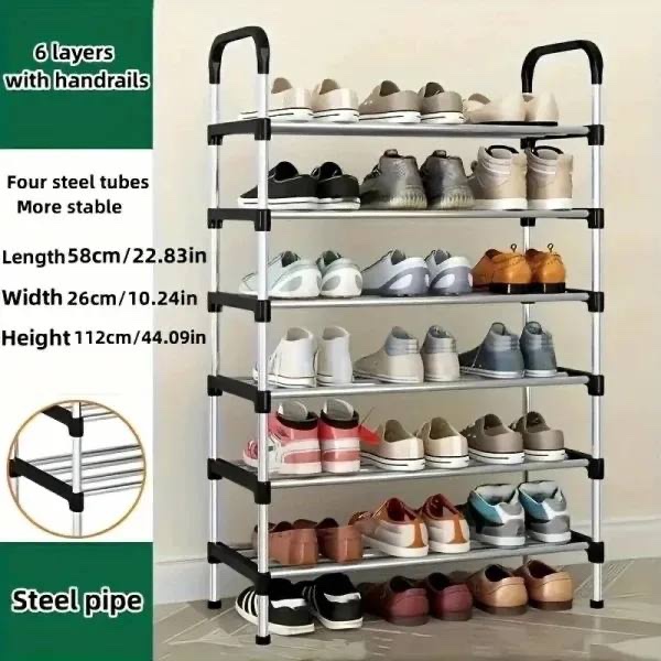 6 STEP STRONG DURABLE SHOE RACK BLACK/SILVER STEEL – BIG POLE